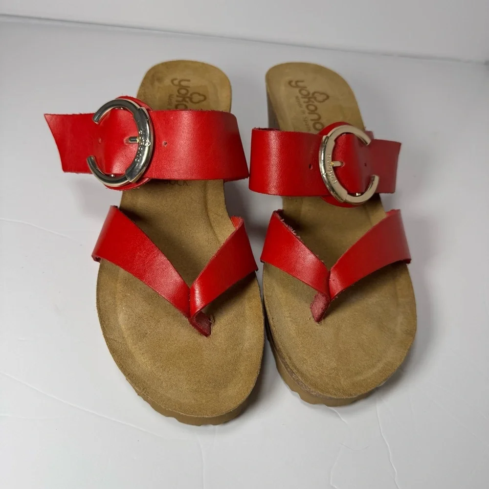 Yokono Red Leather Wedge Sandals Size 38 7 Buckle Strap Cork Platform Spain